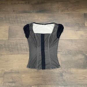 Vintage Lunachix Blouse - Black Mesh With Nude Lining - Cap Sleeve Corset Fit